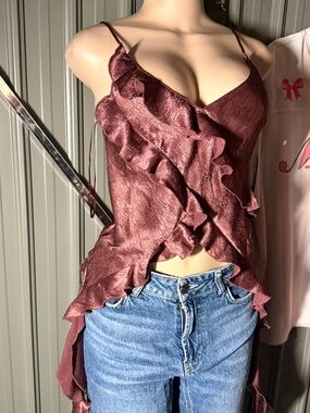 Melrose and Market Burgundy Ruffle Satin Cami